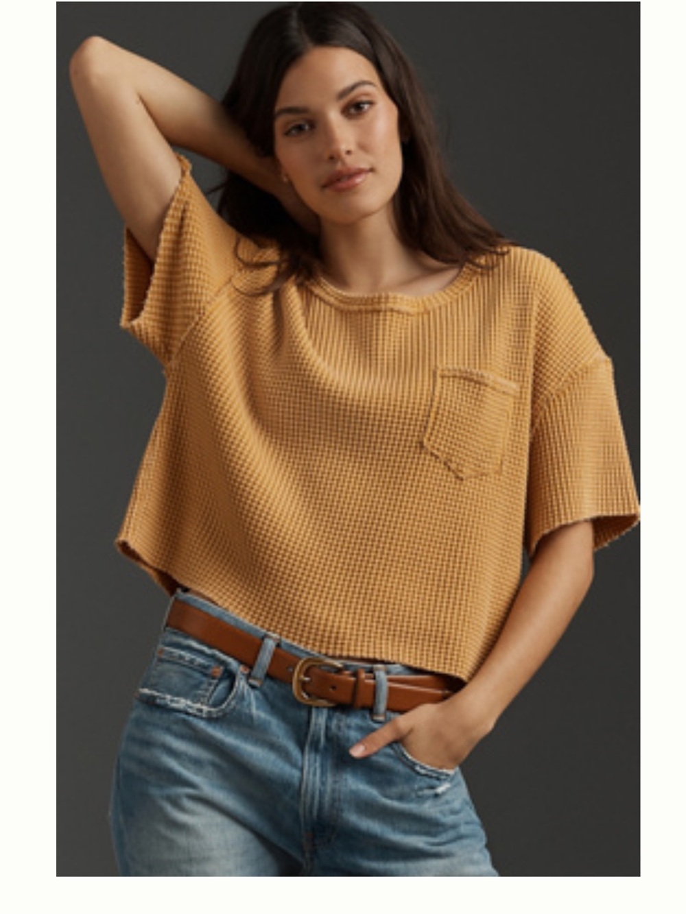 Pilcro Waffle-Knit Cropped Pocket Tee - Mustard
